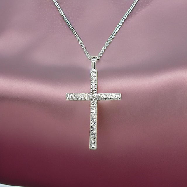 Metal Natural Diamond Cross Pendant 17" Chain 14k White Gold 0.41 TCW Certified For Sale - Image 7 of 11