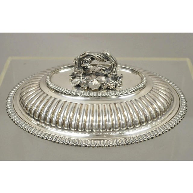 Antique Elkington & Co English Regency Silver Plated Covered Serving Dish Platter. Item features an impressive branch and...