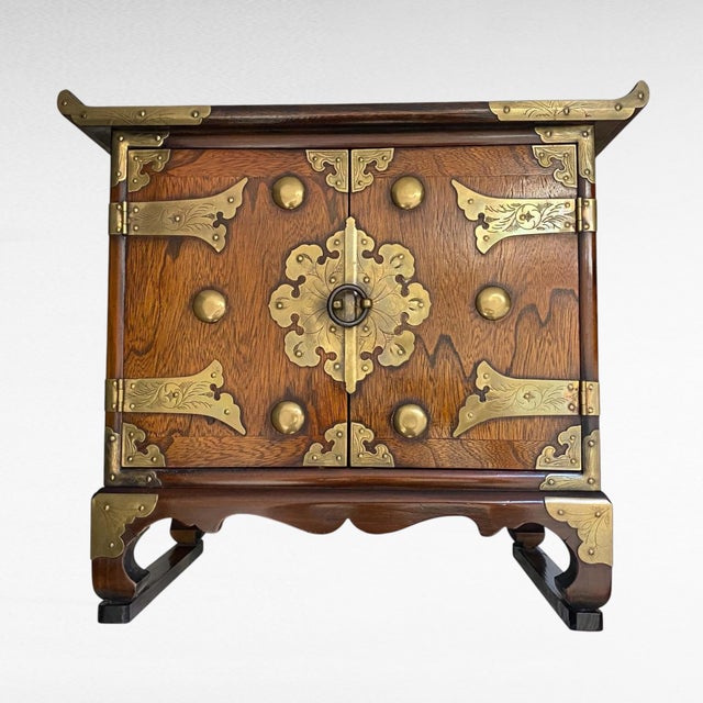 Mid-Century Chinese Brass-Mounted Hardwood Cabinet With Lock & Calligraphy Interior For Sale - Image 12 of 14