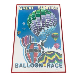 1990s Multicolored Hot Air Balloon Poster in Red Frame For Sale