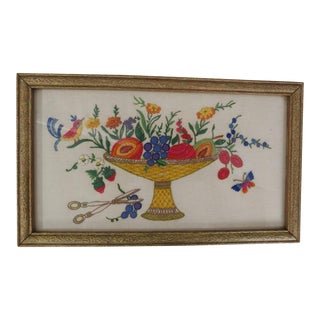 Vintage Embroidered Bird on Fruit Basket, Original Frame For Sale