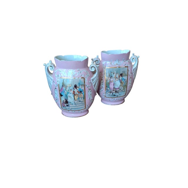 Vinatge Pair of Porcelain French Wedding Scene Urn Vases- Set of 2 For Sale - Image 4 of 6