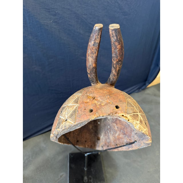 Brown Vintage African Kwele-Style Hand-Carved Wood Antelope Mask on Stand For Sale - Image 8 of 8