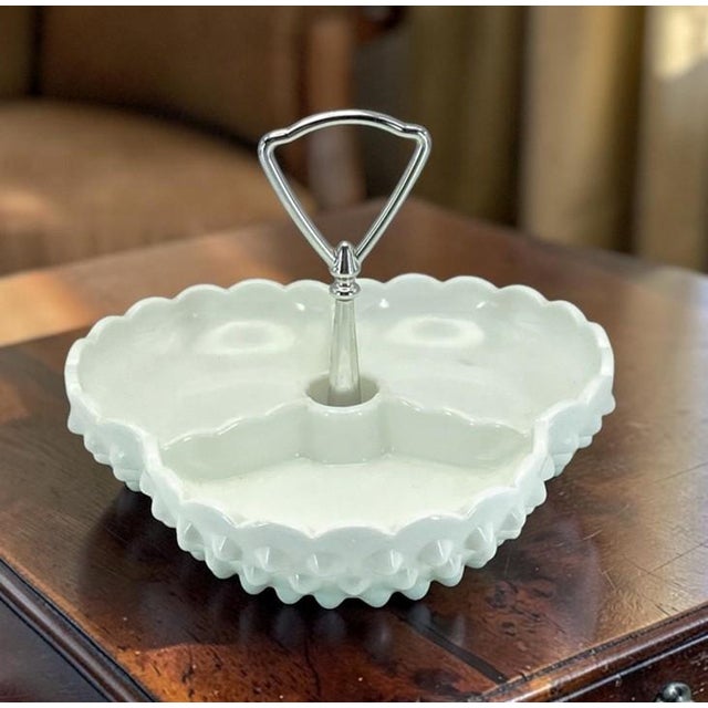 Vintage Fenton Milk Glass Hobnail Tricorn Divided Dish (3-Part) With Metal Handle 7-Inch For Sale - Image 12 of 13
