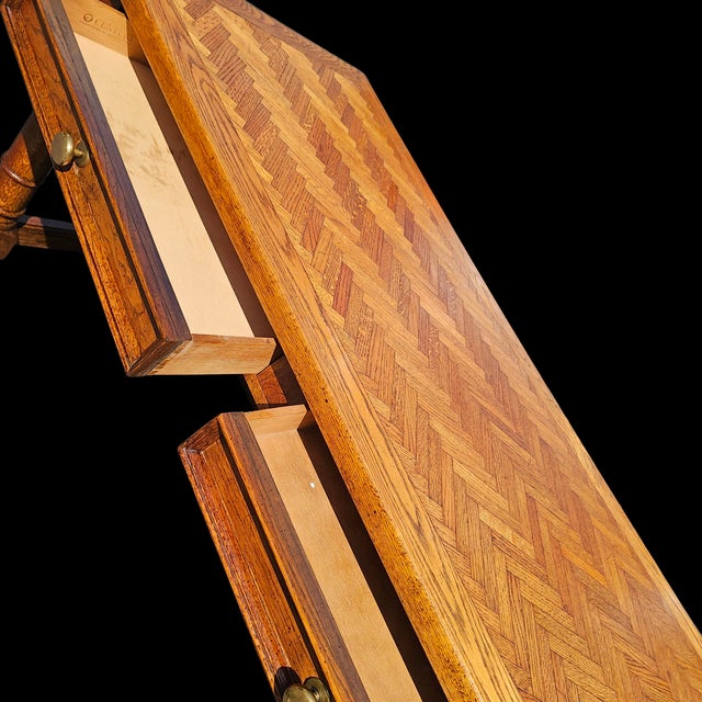 Vintage Oak Herringbone Design Parquetry Writing Desk by Century For Sale - Image 9 of 10