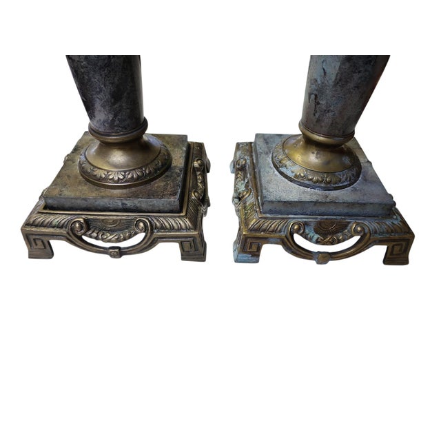 Beautiful pair vintage Castilian Imports marble and brass candlestick columns, both in excellent condition. Neoclassical...