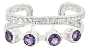 Dainty Amethyst & Zircon Open Cuff Ring in 925 Silver, Size 7.5