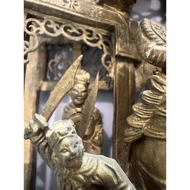 Gold Antique Chinese Gilt Carved Wood Wall Panel, Battle Scene Relief For Sale - Image 8 of 15