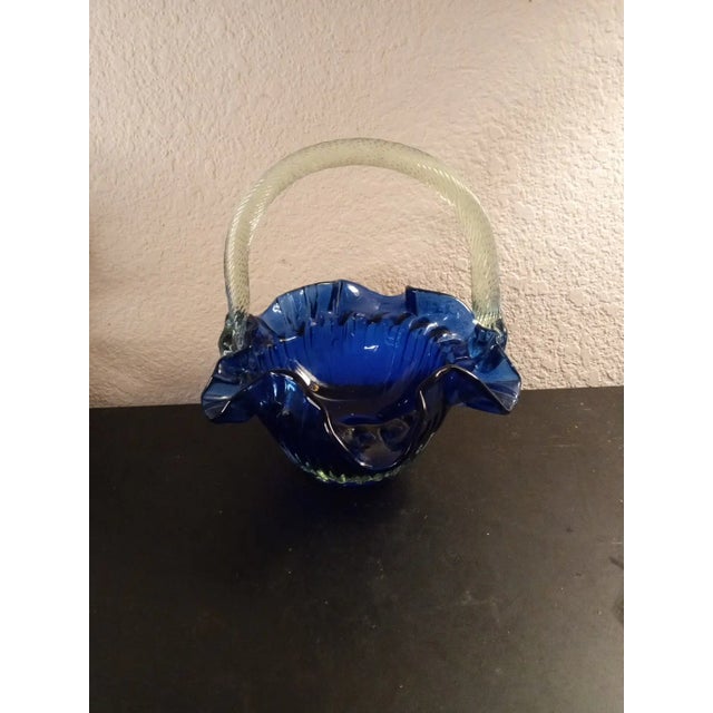 1980s Ruffled Cobalt Blue Basket Vase For Sale - Image 4 of 7