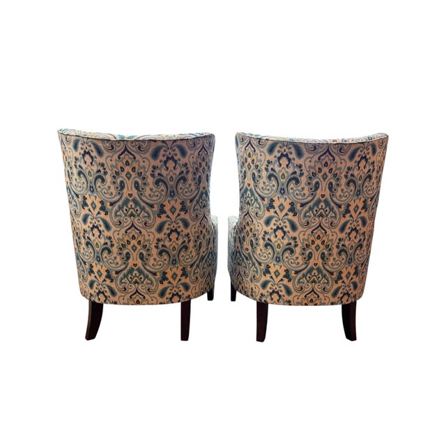 Transitional Transitional Ikat-Style Upholstered Wing Armchairs, a Pair For Sale - Image 3 of 8
