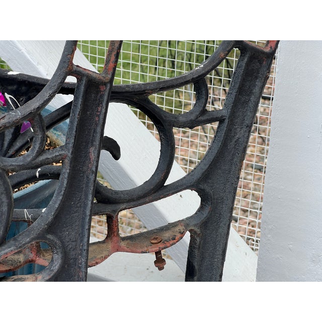 Antique Cast Iron Park Bench Ends With Scrollwork 27.25" Small Garden Bench Side Legs Set of 2 Worn For Sale - Image 10 of 13