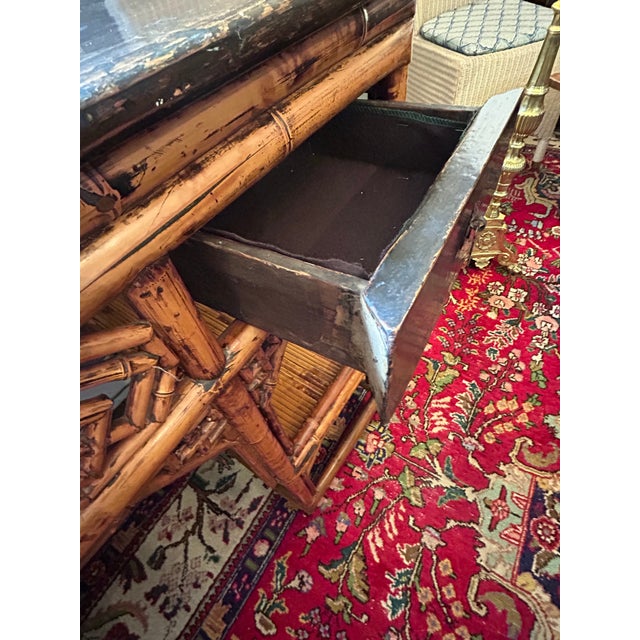Black Antique 19th Century Chinese Rattan Desk With Black Lacquer and Bamboo For Sale - Image 8 of 13