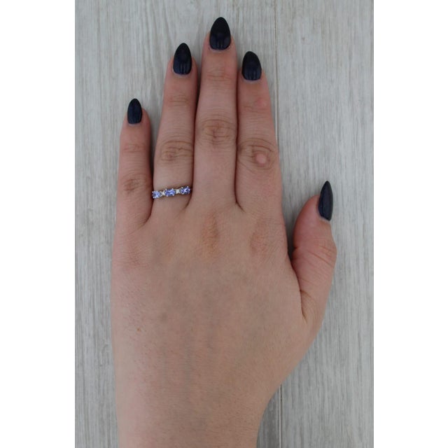 Metal 0.57ctw Tanzanite Diamond Ring 14k White Gold Size 7 Stackable 3-Stone For Sale - Image 7 of 8