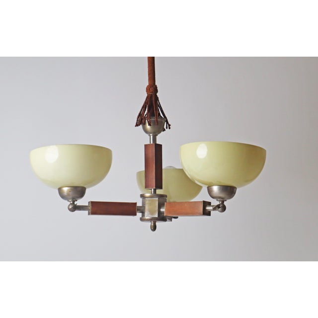 Art Deco 3-Arm Chandelier in Glass, Wood and Chrome, Germany, 1930s For Sale - Image 9 of 18