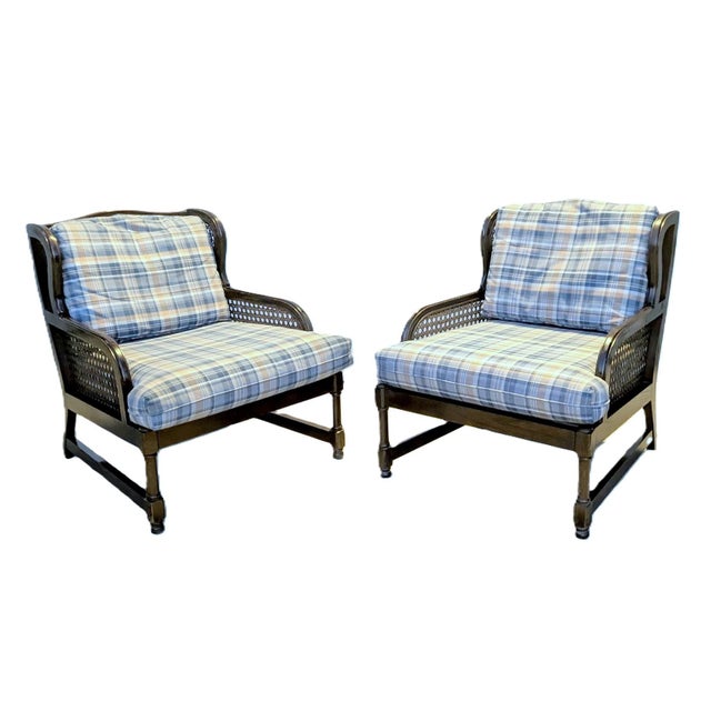 Mustard Pair of Vintage Henredon Low-Profile Cane Wingback Lounge Chairs For Sale - Image 8 of 8