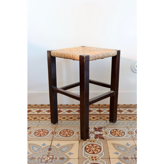 Mid-Century Modern Vintage Rustic Wooden Stool with Straw Seat, 1960s For Sale - Image 3 of 9
