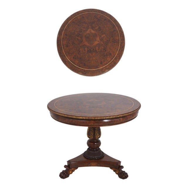 Italian Burl Walnut Round Neoclassical Center Table For Sale