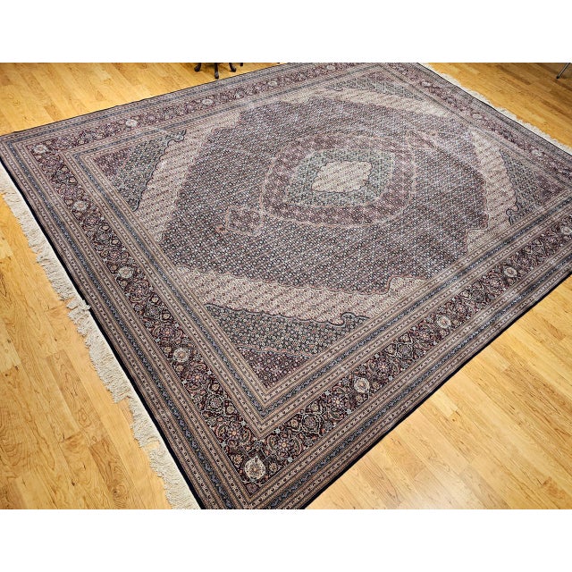 Antique Oversized Persian Tabriz Mahi Rug, Hand-Knotted Wool & Silk, Herati Geometric Pattern, Navy & Burgundy, 12x15 For Sale - Image 14 of 18
