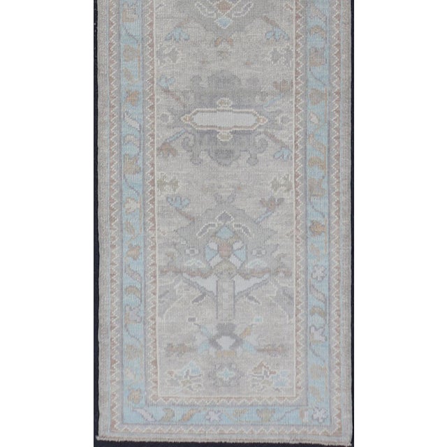 Turkish Oushak Runner in Soft Gray With Light Blue and Taupe 2'8 X 14'0 For Sale - Image 4 of 12