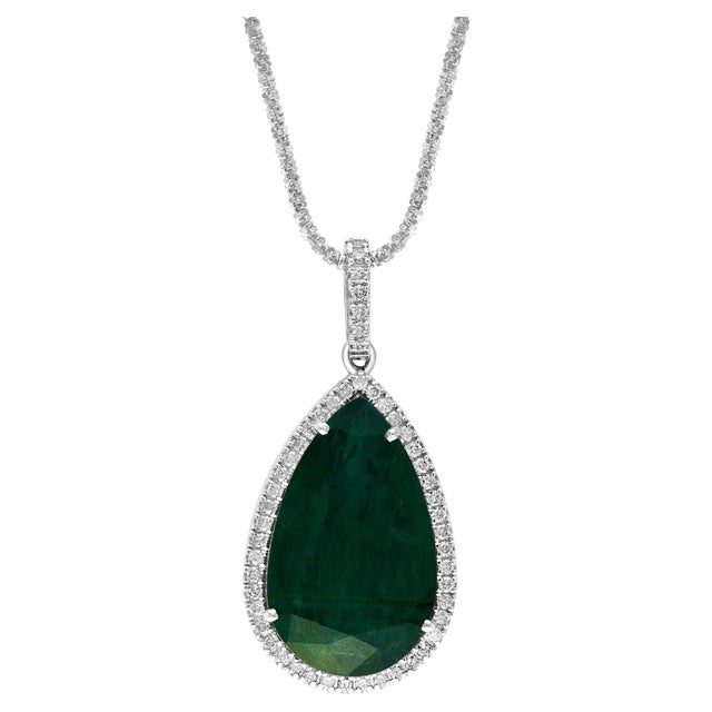 GIA Certified 19 Ct Pear Cut Emerald & 1 Ct Diamond Halo Pendent/Necklace 14 KWG For Sale - Image 15 of 18