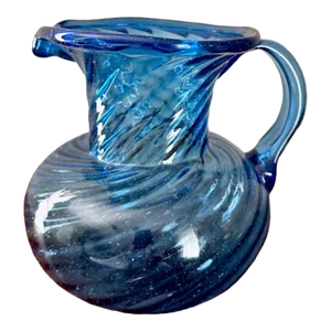 Large Vintage Blue Swirl Glass Pitcher