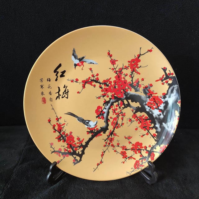 Chinese Ceramic Plate,Yellow Glaze Porcelain Plate Hand Painted Flowers and Birds Pattern For Sale - Image 4 of 10