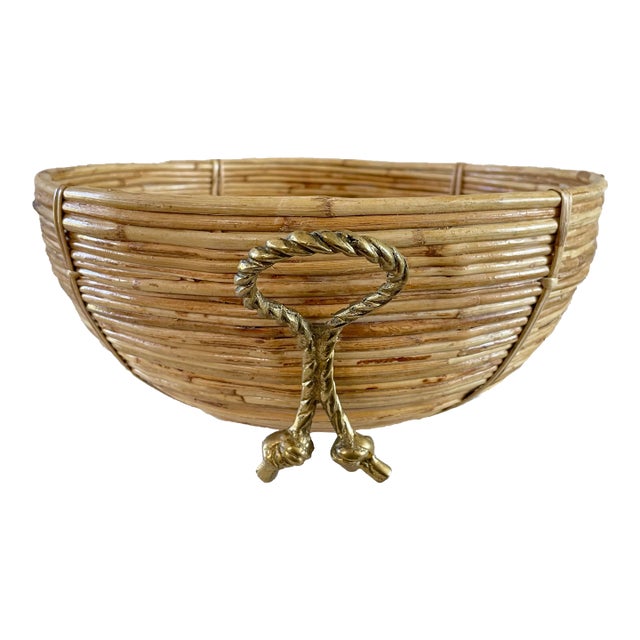 1970s Vintage Mid-Century Crespi Style Bamboo Brass & Rattan Bowl For Sale