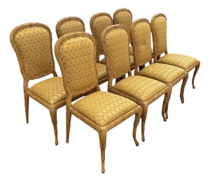 Dennis and Leen Style Carved Faux Bois or Palm Frond Dining Side Chairs - S/8
