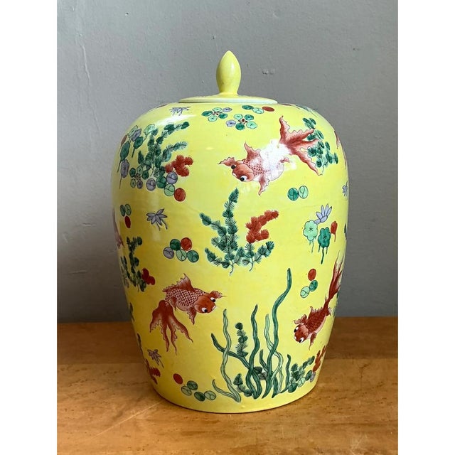 Mid-Century Modern Vintage Yellow Ceramic Fish Motif Jar For Sale - Image 3 of 12