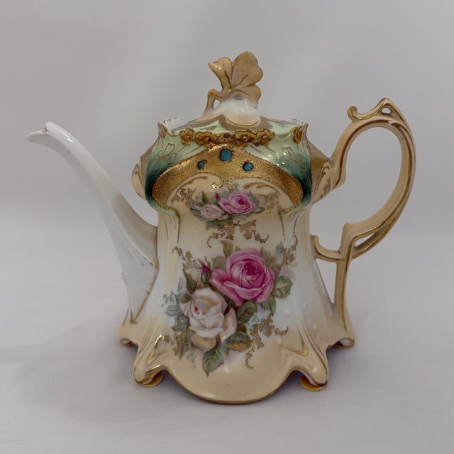 Antique r.s. Prussia Porcelain Tea Set – Roses, Turquoise Jewels & Heavy Gilt For Sale - Image 10 of 17