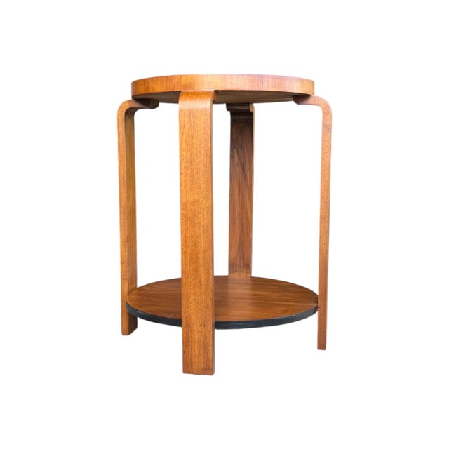 Wood 1930s French Art Deco Walnut Side Table With Sculptural Architectural Base- Fully Restored, Open Shelf For Sale - Image 7 of 15