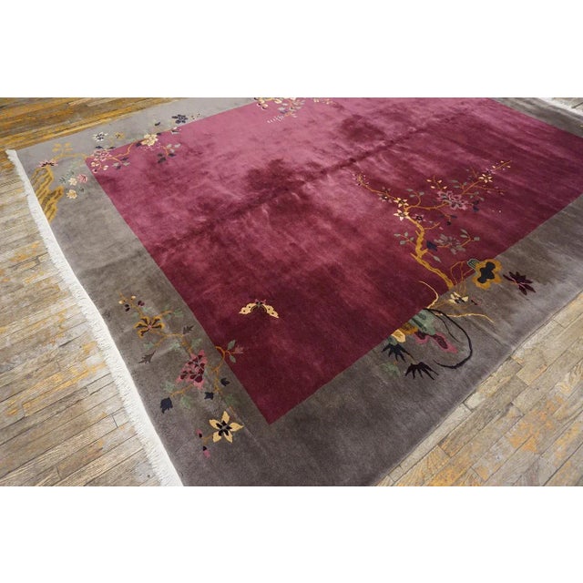1920s Purple Floral Minimalist Antique Chinese Art Deco Rug 9' X 11' 4" Knotted Wool Carpet For Sale - Image 4 of 10