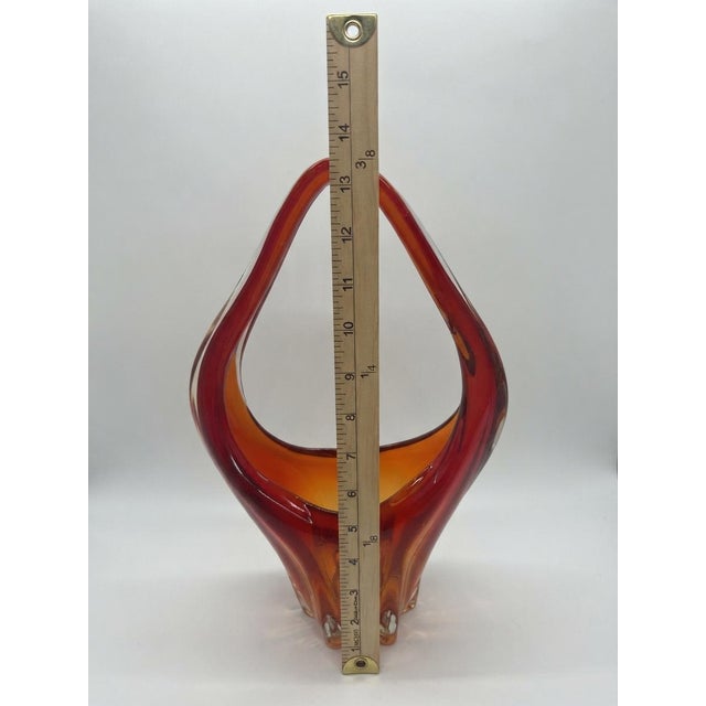 Mid-Century Modern Vintage Murano-Style Red and Orange Hand-Blown Art Glass Loop Basket Vase For Sale - Image 3 of 3