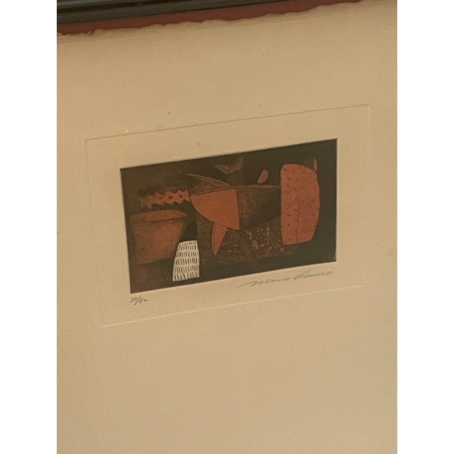 Burnt Umber Vintage Framed Oaxacan Mexican School Art Engraving, Mario Romero, Folk Abstract For Sale - Image 8 of 10