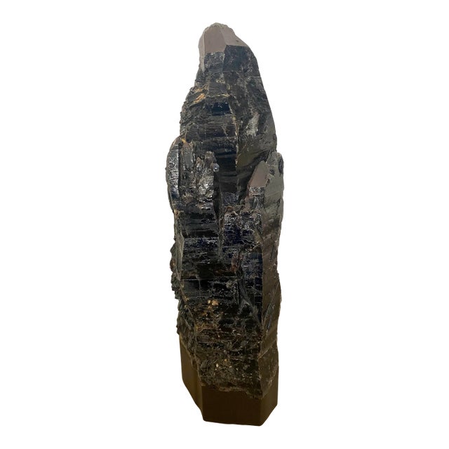 Large Dark Smoky Quartz Rock Crystal Natural Sculpture on Wooden Base For Sale