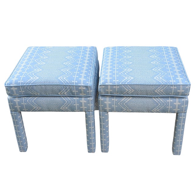Transitional Fermoie Abbey Stripe Parsons Ottomans in Sky Blue- Pair For Sale - Image 3 of 7