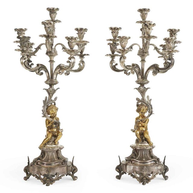 Silver and Gilded Bronze 8-Layer Table Candelabras, Set of 2 For Sale - Image 9 of 9