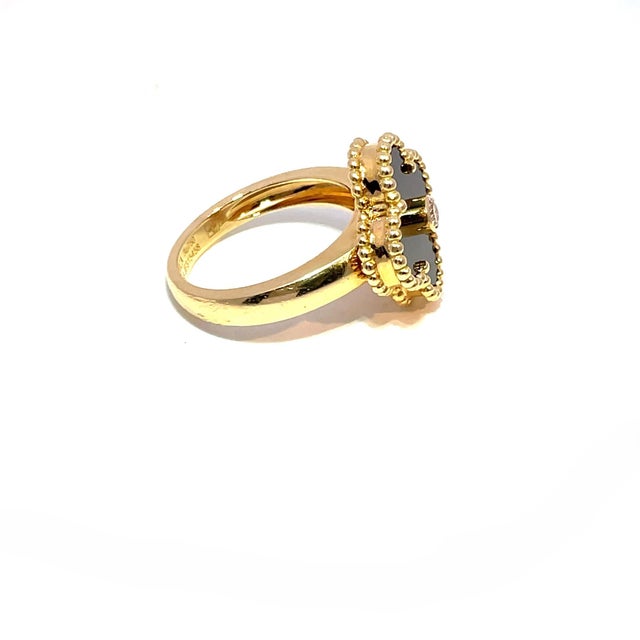 Van Cleef & Arpels 18k Yellow Gold Onyx Clover Motif and Diamond Ring, Size 4.5 For Sale In New York - Image 6 of 8