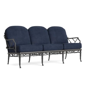 Brown Jordan Calcutta Sofa, Textured Pewter frame with Fusion Neptune fabric For Sale