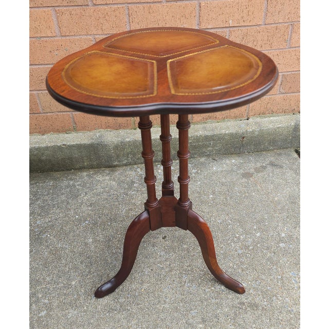 Pair Mid 20th Century Mahogany Pedestal Tooled Leather Clover Top Candle Stands For Sale - Image 12 of 12