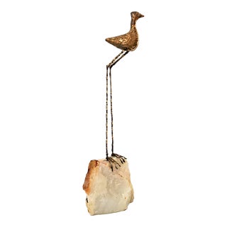 1988 Vintage C. Jere Table Sculpture of a Brass Bird on Rock Quartz Base - Signed For Sale