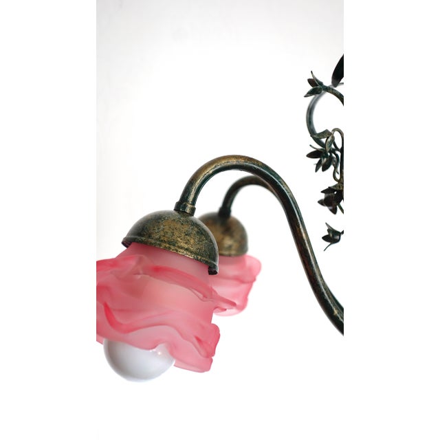 Vintage Green-Gold Patinated Metal Pink Shade Chandelier, 1970s For Sale - Image 11 of 18