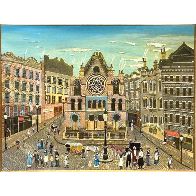 This mid-century New York City folk art street scene depicts the Eldridge Street Synagogue on the Lower East Side,...