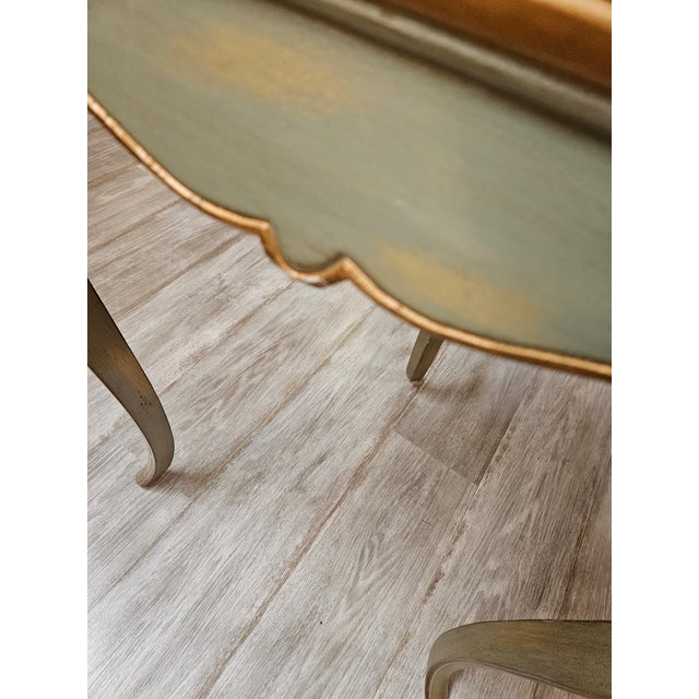 Wonderful Stylish triangular occasional table with a gilt Eglomise glass top. Rubbed seafoam green painted base, with Gold...