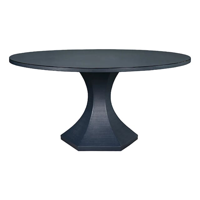 Matthew Izzo Home Bryce 60" Round Pedestal Dining Table in Textured Navy Linen With Glass Top For Sale