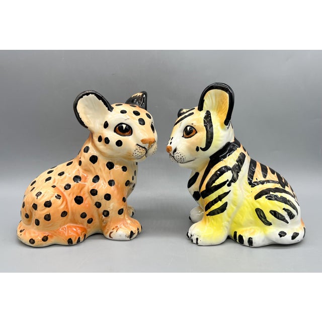Vintage Shafford Japan Ceramic Leopard & Tiger Cub Figurines — Hand-Painted Pair — Hollywood Regency / Whimsical For Sale In Houston - Image 6 of 11