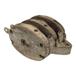 Antique Pulley Block and Tackle Wood and Cast Iron White