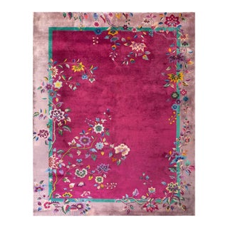 1920s Fuschia Floral Modern Antique Chinese Art Deco Rug 9' 0'' X 11' 4' Hand Knotted Wool Carpet For Sale