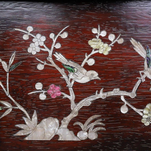 Dark Wood Tea Tray With Mother-of-Pearl Bird and Floral Inlay For Sale - Image 9 of 10