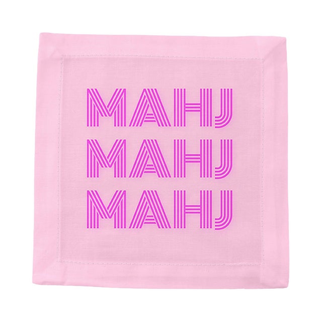 Pop Art Mahj Mahj Mahj Pink Mahjong Cotton Sateen Cocktail Napkins, Set of 4 For Sale - Image 3 of 5